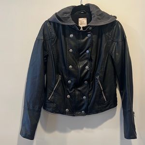 Vegan Leather Jacket with removable hood.